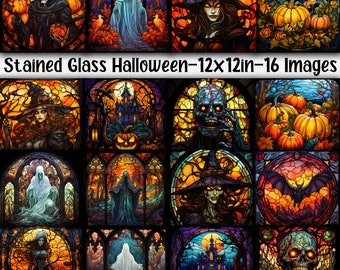 Stained Glass Halloween Digital Papers - Halloween Stained Glass Backgrounds - 16 Designs - 12in x 12in - Commercial Use - Halloween Papers