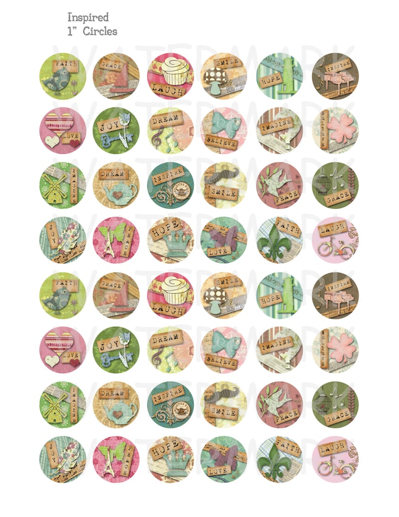 Inspired - Digital Collage Sheet - 1 Inch Round Circles - INSTANT ...