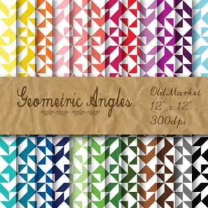 Digitalt papper med geometriska vinklar - Färgglada vinklar - Bakgrunder - 24 färger - 30 x 30 cm - Kommersiellt bruk - DIREKT NEDLADDNING