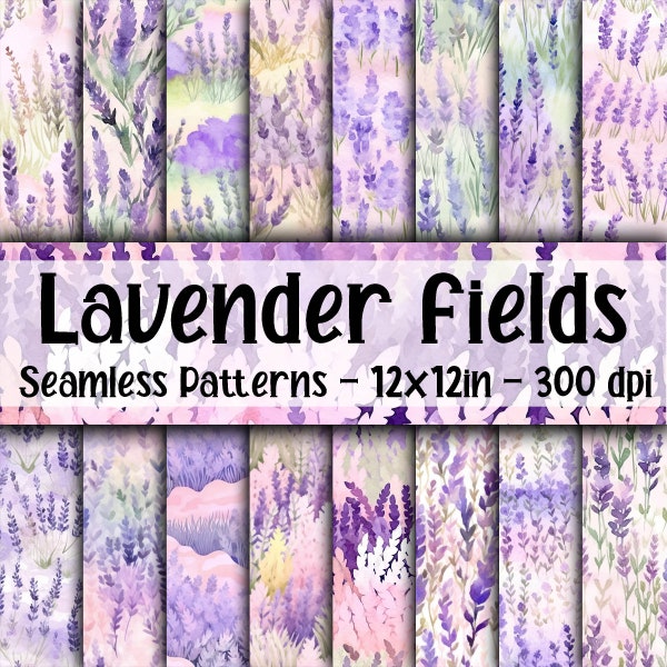 Lavender Fields SEAMLESS Patterns - Watercolor Lavender Digital Paper - 16 Designs - 12x12in - Commercial Use - Lavender Flowers Patterns