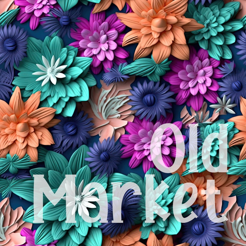 Op de afbeelding: Een kleurrijk bloemenpatroon met de tekst "Old Market" in witte letters.