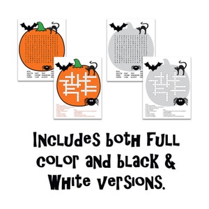 May include: Two printable Halloween word search puzzles, one in full color and one in black and white. Both puzzles feature a pumpkin with a black cat and bat on top. The word search includes words like witch, skeleton, ghost, treat, and spider.