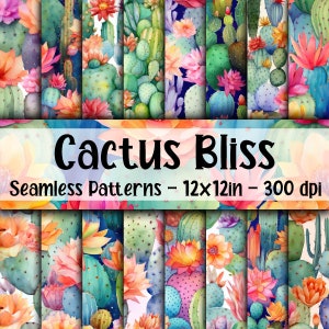 Cactus Bliss Seamless Patterns - Carta digitale per cactus ad acquerello - 16 disegni - 12 x 12 pollici - Uso commerciale - Sublimazione di cactus floreali