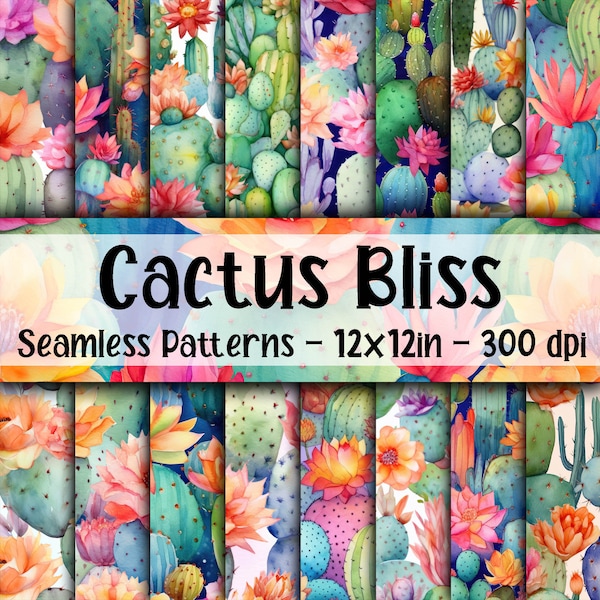 Cactus Bliss Seamless Patterns - Watercolor Cactus Digital Paper - 16 Designs - 12x12in - Commercial Use - Floral Cactus Sublimation