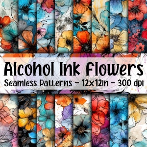 Fleurs à l'encre d'alcool, motifs sans couture, papier numérique fleurs à encre à l'alcool ligné, 16 modèles, 12 x 12 po., usage commercial