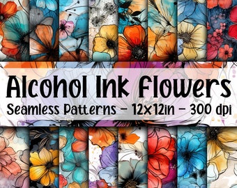 Alcohol Ink Flowers SEAMLESS Patterns - Lined Alcohol Ink Flowers Digital Paper - 16 Designs - 12x12in - Commercial Use