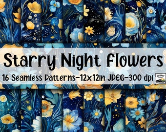 Starry Night Flowers SEAMLESS Patterns - Watercolor Flowers Digital Paper - 16 Designs - 12x12in - Commercial Use - Starry Night Florals