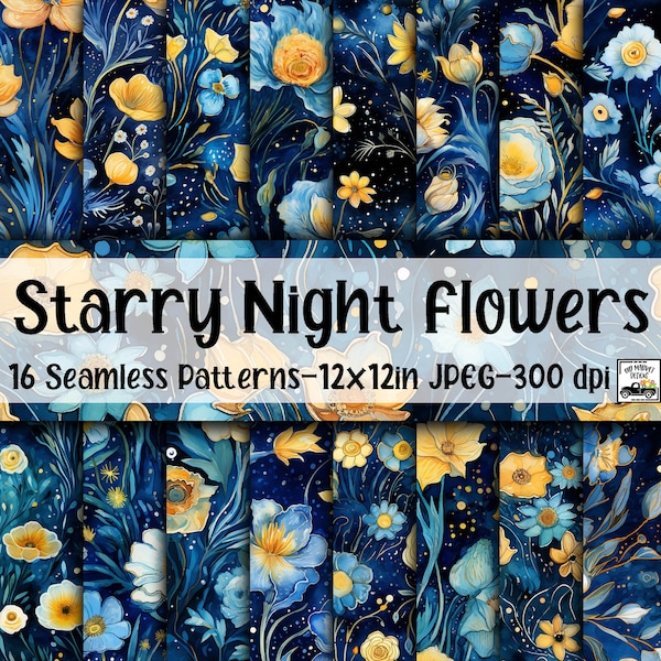 Starry Night Flowers SEAMLESS Patterns - Watercolor Flowers Digital Paper - 16 Designs - 12x12in - Commercial Use - Starry Night Florals