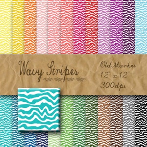 Wavy Stripes Digital Paper - Colorful Wavy Striped Backgrounds -  24 Colors - 12in x 12in - Commercial Use -  INSTANT DOWNLOAD