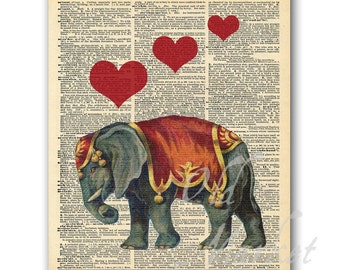 Elephant with Hearts Illustration on Vintage Dictionary Page - Printable Digital Download - INSTANT DOWNLOAD