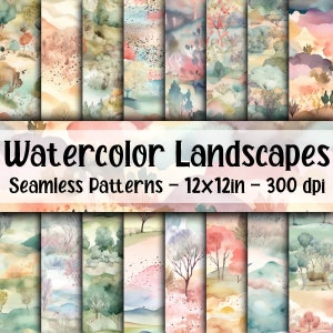 Watercolor Landscapes SEAMLESS Patterns - Watercolor Landscapes Digital Paper -  16 Designs - 12x12in - Commercial Use - Sublimation