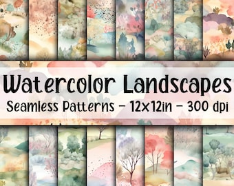 Watercolor Landscapes SEAMLESS Patterns - Watercolor Landscapes Digital Paper -  16 Designs - 12x12in - Commercial Use - Sublimation