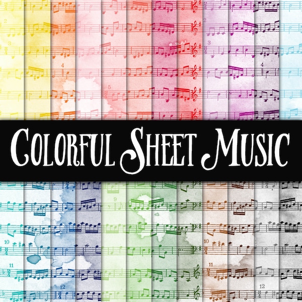 Colorful Sheet Music Digital Paper - Music Digital Backgrounds -  24 Colors - 12in x 12in - Commercial Use -  INSTANT DOWNLOAD