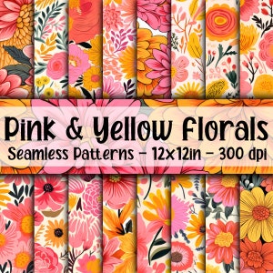 Rosa und Gelbe Florale SEAMLESS Muster - Rosa und Gelbe Blumen Digital Papier - 16 Designs - 12 x 12 Zoll - Kommerzielle Nutzung