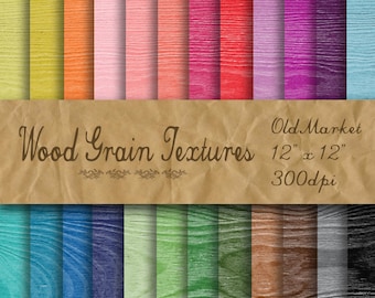 Puede incluir: Un conjunto de 24 texturas digitales de grano de madera en varios colores. Cada textura mide 30,5 cm por 30,5 cm y 300 dpi. Las texturas están etiquetadas como "Old Market Wood Grain Textures".
