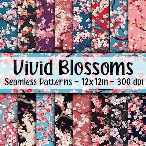 Padrões sem emendas de flores de cerejeira vívidas - Papel digital de flores de cerejeira - 16 designs - 12 x 12 pol - Uso comercial - Padrão de flores de cerejeira