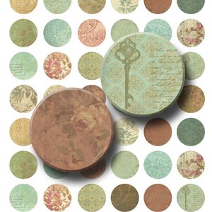 Könnte beinhalten: Ein Set mit 36 runden Papierkreisen mit einem Durchmesser von 2,5 cm und verschiedenen Vintage-Blumen- und Musterdesigns. Die Kreise sind perfekt für Scrapbooking, Kartenherstellung und andere Bastelprojekte.