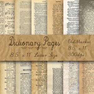Páginas de diccionario en papel digital - Texturas de papel antiguo - 12 diseños - 8,5 x 11 pulgadas - Uso comercial - DESCARGA INMEDIATA