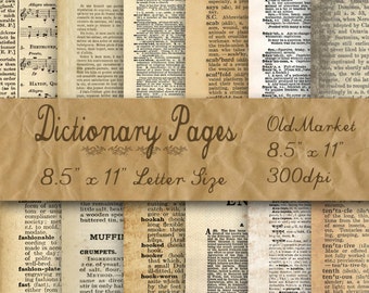 Dictionary Pages Digital Paper - Old Paper Textures - 12 Designs - 8.5in x 11in - Commercial Use - INSTANT DOWNLOAD