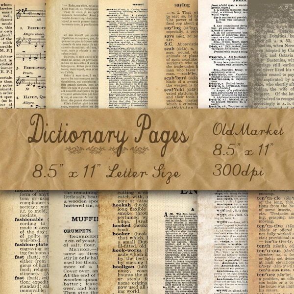 Dictionary Pages Digital Paper - Old Paper Textures - 12 Designs - 8.5in x 11in - Commercial Use - INSTANT DOWNLOAD