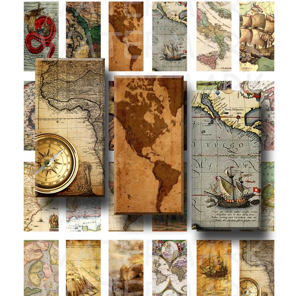Antique Maps - Digital Collage Sheet - 1 x 2 inch Domino - INSTANT DOWNLOAD