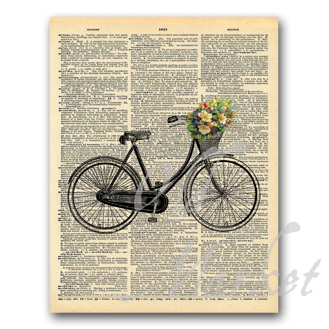 Bike With Flowers on Vintage Dictionary Page Printable - Etsy