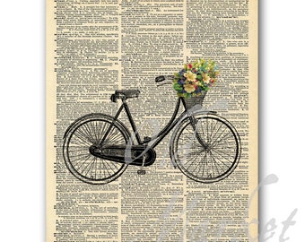 Bike with Flowers on Vintage Dictionary Page - Printable Digital Download - INSTANT DOWNLOAD
