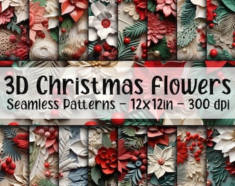 Puede incluir: Doce patrones de papel digital sin costuras con flores de Navidad 3D en rojo, blanco y verde. Los patrones son de 12x12 pulgadas y 300 dpi.