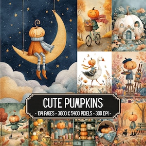Könnte beinhalten: Eine digitale Sammlung von Aquarellillustrationen mit anthropomorphen Kürbissen in verschiedenen Szenen, inklusive Text CUTE PUMPKINS - 104 PAGES - 3600 X 5400 PIXELS - 300 DPI, die auf einem Mond sitzen oder Fahrrad fahren.