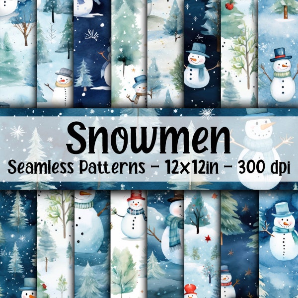 Watercolor Snowmen SEAMLESS Patterns - Christmas Digital Paper - 16 Designs - 12x12in - Commercial Use