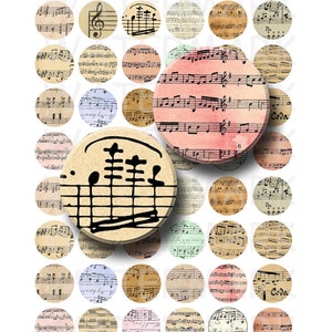 Partitura musical - Hoja de collage digital - Círculos redondos de 1 pulgada - DESCARGA INSTANTÁNEA
