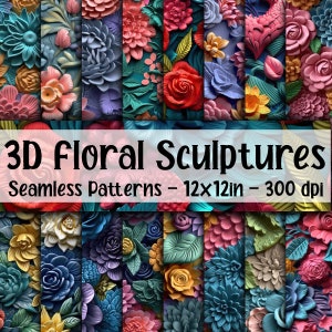 Padrões florais 3D sem emendas - 16 designs - 12 x 12 pol - Uso comercial - Sublimação de flores 3D - Papéis digitais de flores 3D sem emendas