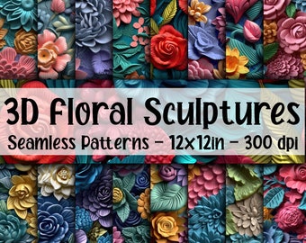 May include: A set of 12 digital seamless patterns featuring 3D floral sculptures. Each pattern is 12x12 inches and 300 dpi. The patterns feature a variety of flowers in different colours, including red, blue, yellow, and green.