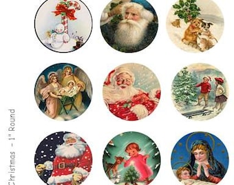 Vintage Christmas - 4 x 6 Digital Collage Sheet  - 1 inch Round Circles - INSTANT DOWNLOAD