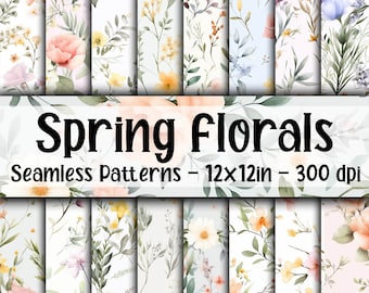 Pode incluir: Um conjunto de 12 padrões digitais sem costura com flores de primavera em aquarela em tons de rosa, amarelo e azul. Os padrões são de 12x12 polegadas e 300 dpi.