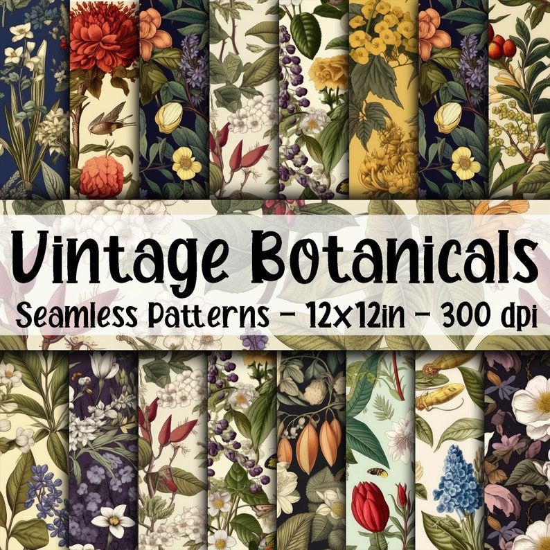 May include: A set of 12 vintage botanical seamless patterns featuring flowers, leaves, and insects. The patterns are 12x12 inches and 300 dpi.