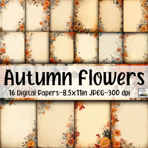 Printable Autumn Flowers Stationery - Fall Letter Paper - Letterheads -  16 Designs - 8.5in x 11in - Commercial Use