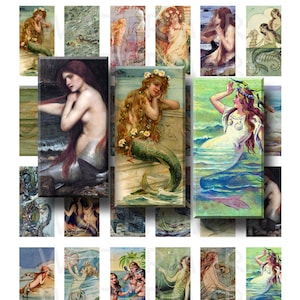 Vintage Mermaid Art - Folha de colagem digital - 1 x 2 polegadas Domino - DOWNLOAD INSTANTÂNEO