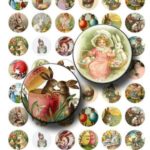 Pâques vintage - feuille de collage numérique - cercles ronds de 1 pouce - TÉLÉCHARGEMENT IMMÉDIAT