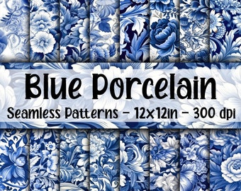 Blue and White Porcelain SEAMLESS Patterns - Porcelain Flowers Digital Paper - 16 Designs - 12x12in - Commercial Use - Blue Floral Patterns