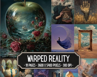Könnte beinhalten: Eine digitale Kunstsammlung mit dem Titel WARPED REALITY, bestehend aus 111 Seiten mit 3600 x 5400 Pixeln und 300 DPI. Die Anzeige zeigt surreale Illustrationen, darunter einen Glasapfel mit einem Schiff, eine Person mit Vogelkäfig und eine Hand.