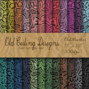 May include: A set of 10 digital paper designs featuring intricate, geometric patterns in various colors. The papers are 12 inches by 12 inches and 300 dpi. The designs are inspired by old ceiling designs.