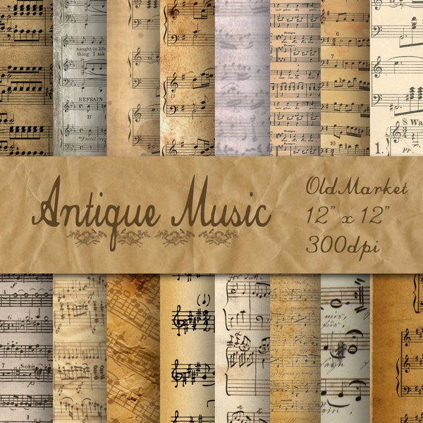 Antique Music Digital Papers - Old Music Backgrounds - Sheet Music - 16 Designs - 12in x 12in - Commercial Use - INSTANT DOWNLOAD