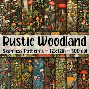Rustic Woodland SEAMLESS Patterns - Carta digitale funghi del bosco - 18 disegni - 12 x 12 pollici - Uso commerciale - Motivo fungo