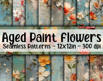 Aged Oil Paint Flowers SEAMLESS Patterns - Old Flowers Digital Paper - 16 Designs - 12x12in - Commercial Use - Oil Paint Florals