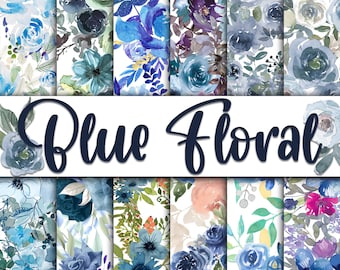 Blue Floral Medley Digital Paper - Watercolor Flower Backgrounds -  12 Designs - 12x12in - Commercial Use - Blue Floral Sublimation