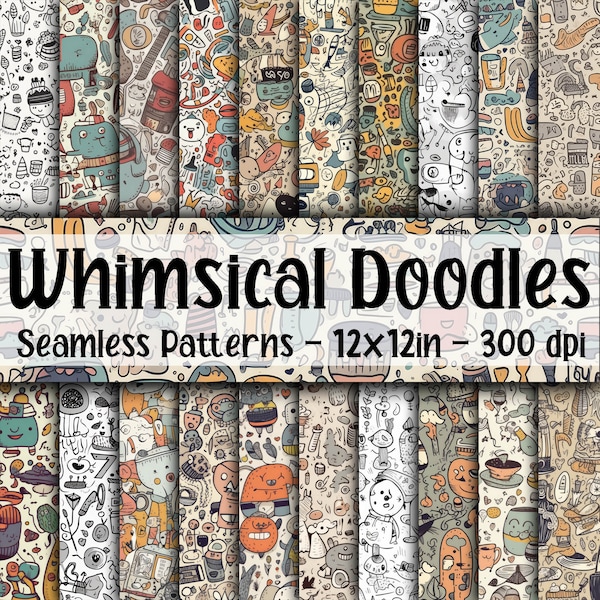 Whimsical Doodles SEAMLESS Patterns - Whimsical Doodles Digital Paper - 20 Designs - 12x12in - Commercial Use -Doodle Sublimation