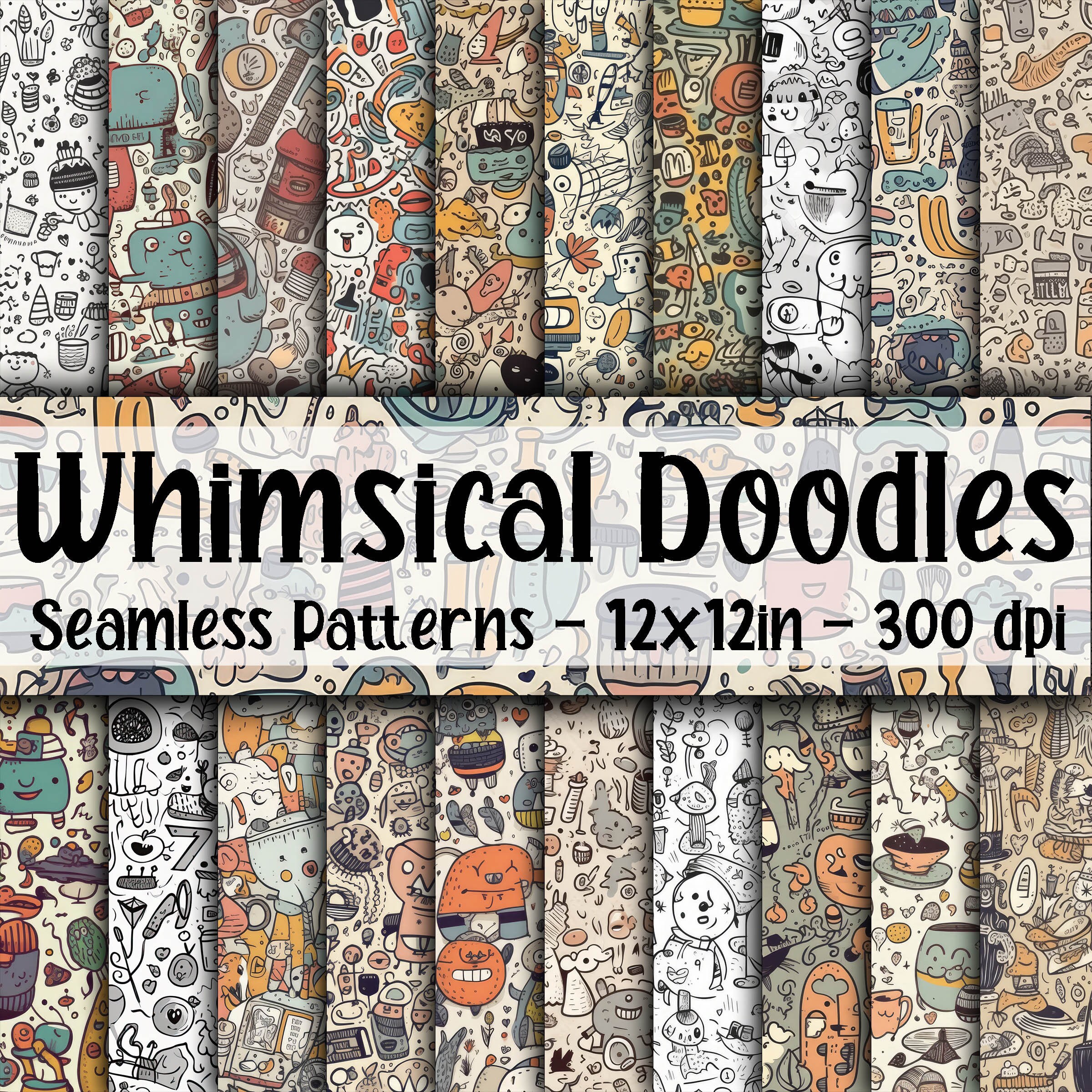 Whimsical Doodles SEAMLESS Patterns - Whimsical Doodles Digital Paper - 20 Designs - 12x12in - Commercial Use -Doodle Sublimation