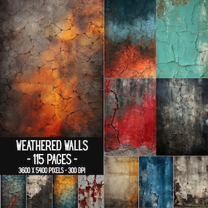 May include: A digital collection of 115 weathered wall textures featuring cracked surfaces in various colors including orange, red, blue, teal, and gray. The text WEATHERED WALLS - 115 PAGES - 3600 X 5400 PIXELS - 300 DPI is printed on the image.