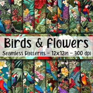 Oiseaux tropicaux et fleurs motifs transparents - Floral papier numérique - 16 modèles - 30,5 x 30,5 cm - usage commercial - modèles d'oiseaux tropicaux